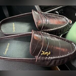 Saint Laurent Women Dark Burgundy Loafers with Gold Accent